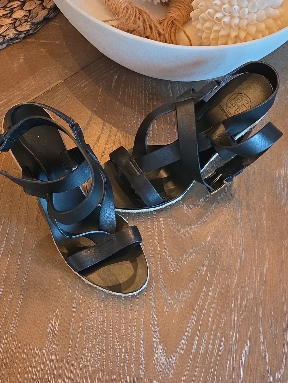 Tory Burch Black Leather Strappy Wedge Sandals